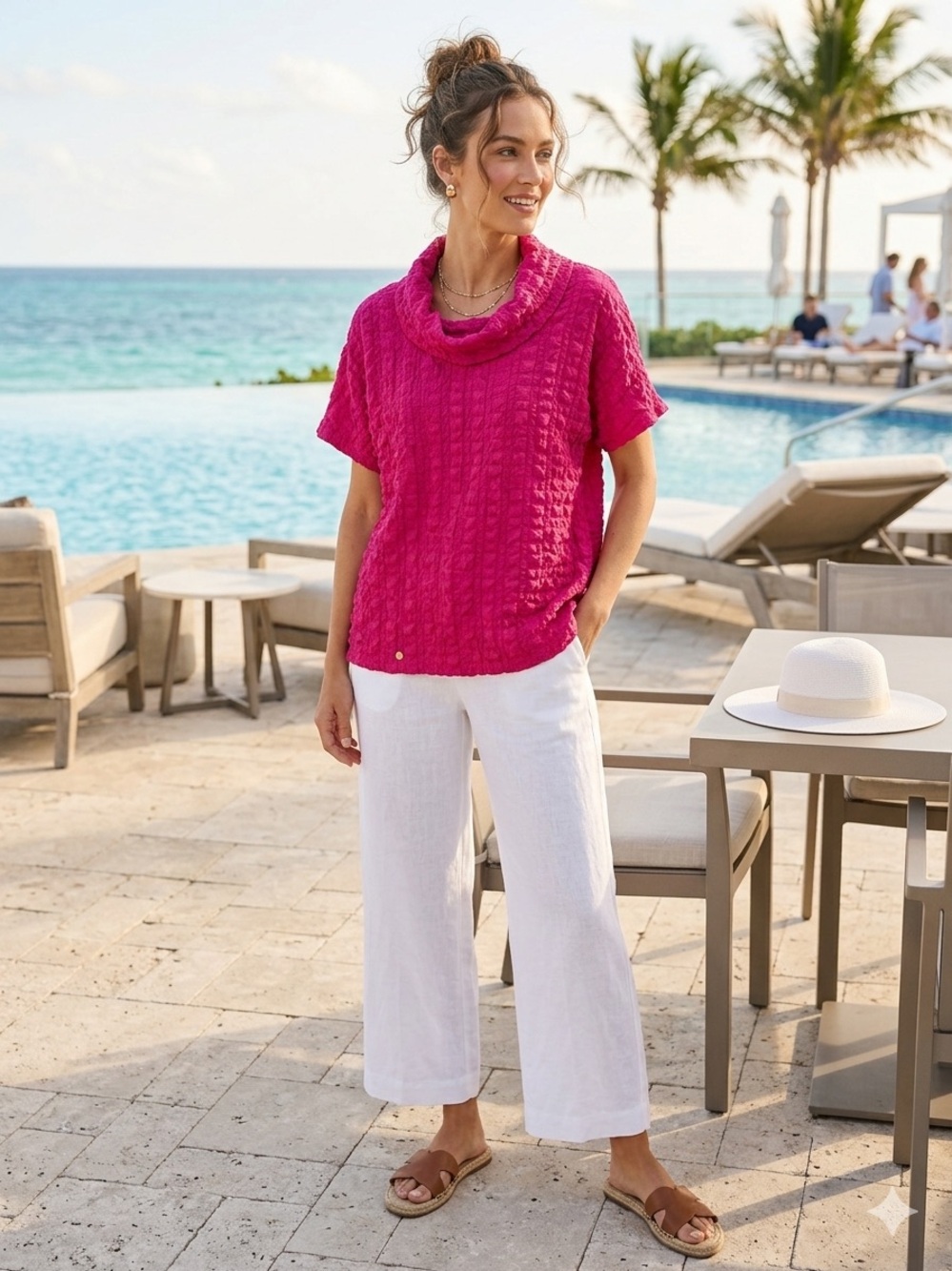 Joseph Ribkoff Size 4 Bright Fuchsia Cowl Neck Short Sleeve Top